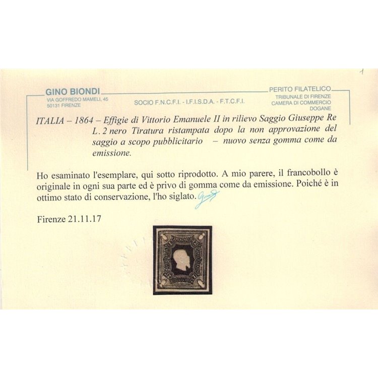 ITALIA REGNO 1864 Saggio Giuseppe Re (Ristampa) ₤2 nero MNG ©