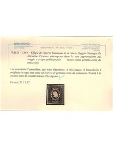ITALIA REGNO 1864 Saggio Giuseppe Re (Ristampa) 60c nero MNG ©
