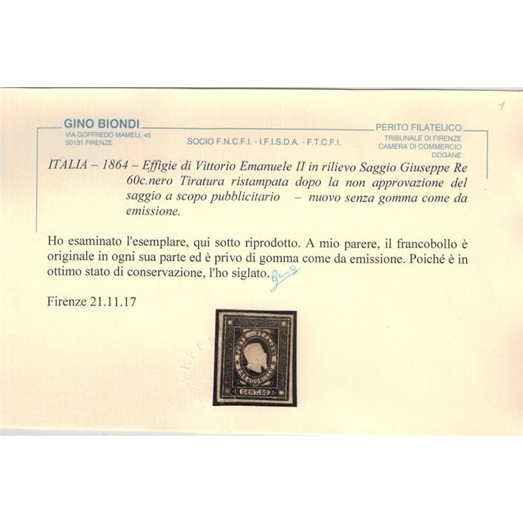 ITALIA REGNO 1864 Saggio Giuseppe Re (Ristampa) 60c nero MNG ©