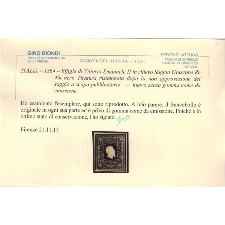 ITALIA REGNO 1864 Saggio Giuseppe Re (Ristampa) 40c nero MNG ©