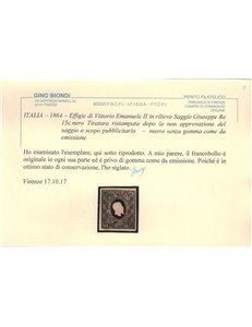 ITALIA REGNO 1864 Saggio Giuseppe Re (Ristampa) 15c nero MNG ©