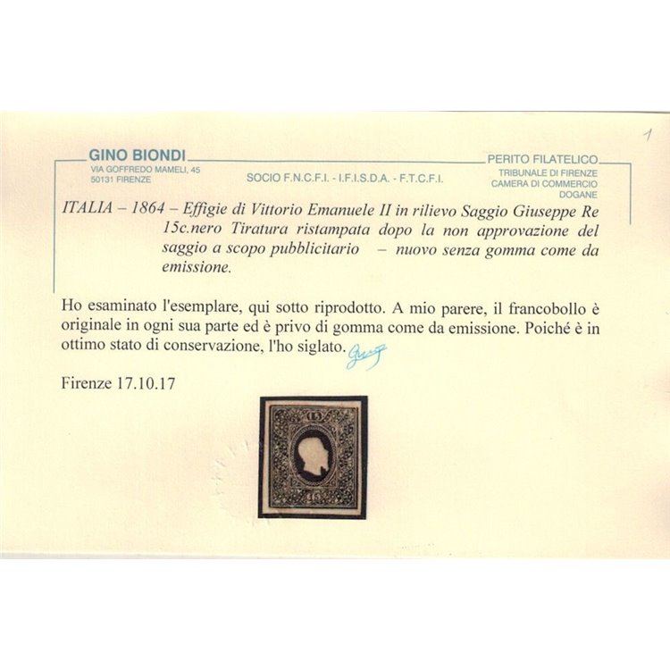 ITALIA REGNO 1864 Saggio Giuseppe Re (Ristampa) 15c nero MNG ©