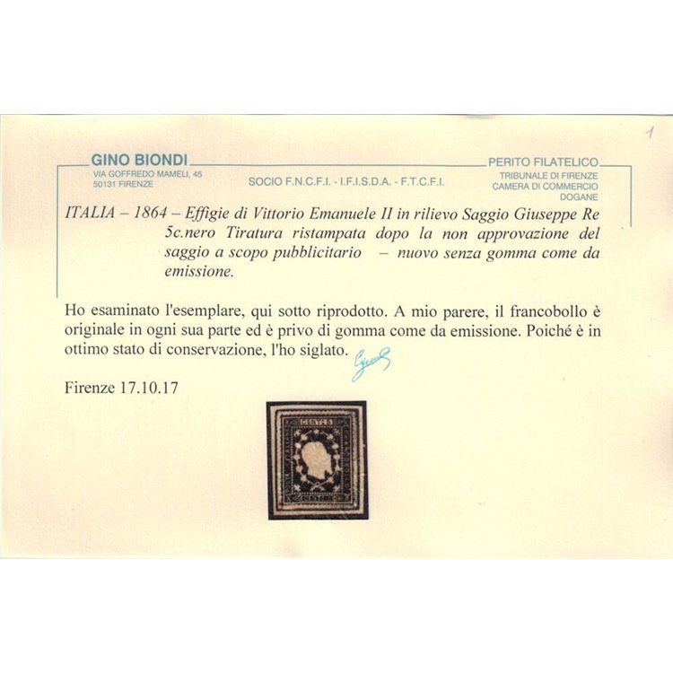 ITALIA REGNO 1864 Saggio Giuseppe Re (Ristampa) 5c nero MNG ©