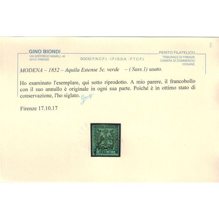 DUCATO DI MODENA 1852 Aquila Estense 5c verde (senza punto) us ©