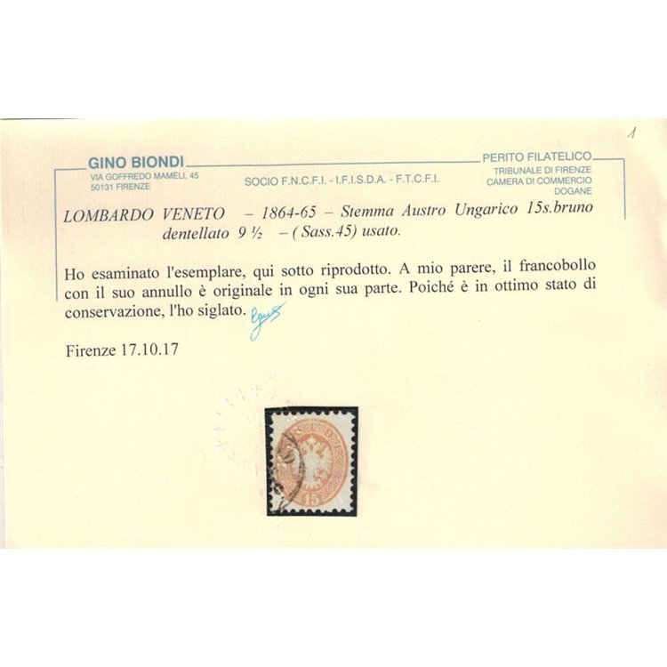 REGNO LOMBARDO VENETO 1863-65 Aquila bicipite 15s bruno dent. 9½ us ©