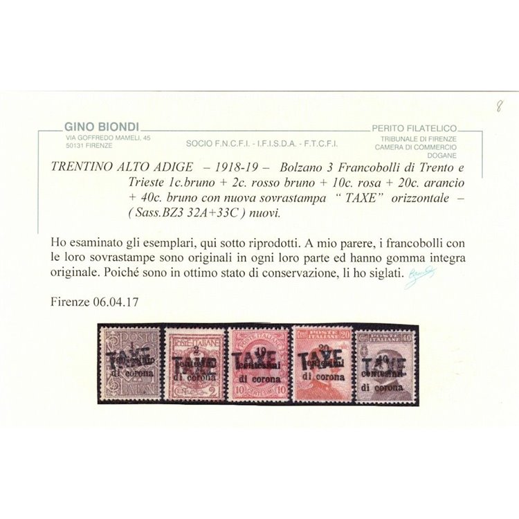 TRENTINO (BZ3) 1918-19 Trento e Trieste soprast. TAXE 5v MNH** ©