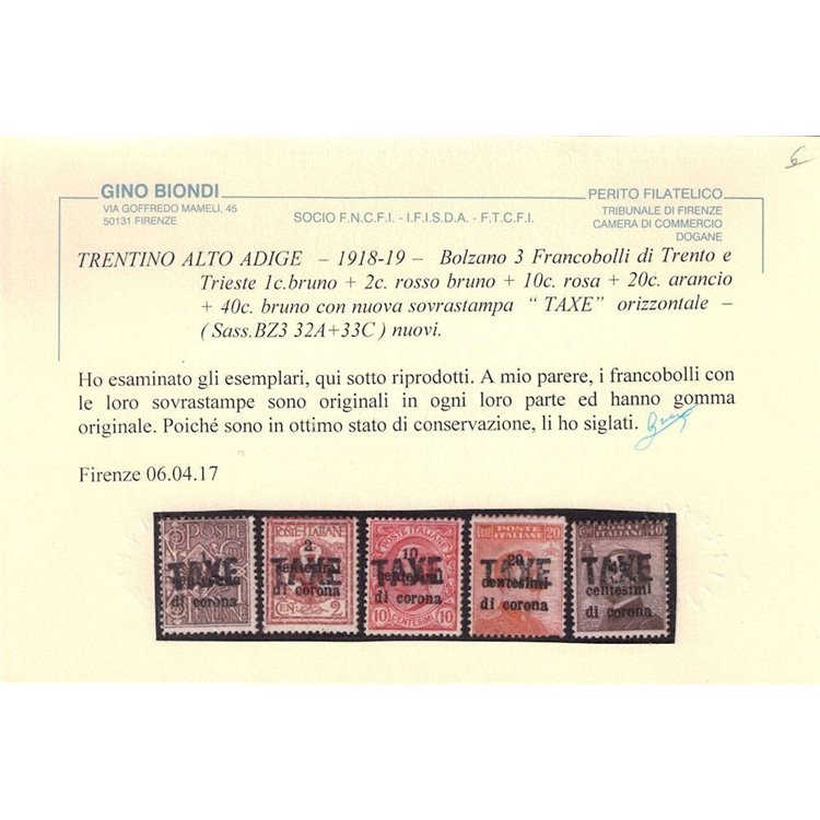 TRENTINO (BZ3) 1918-19 Trento e Trieste soprast. TAXE 5v MH* ©