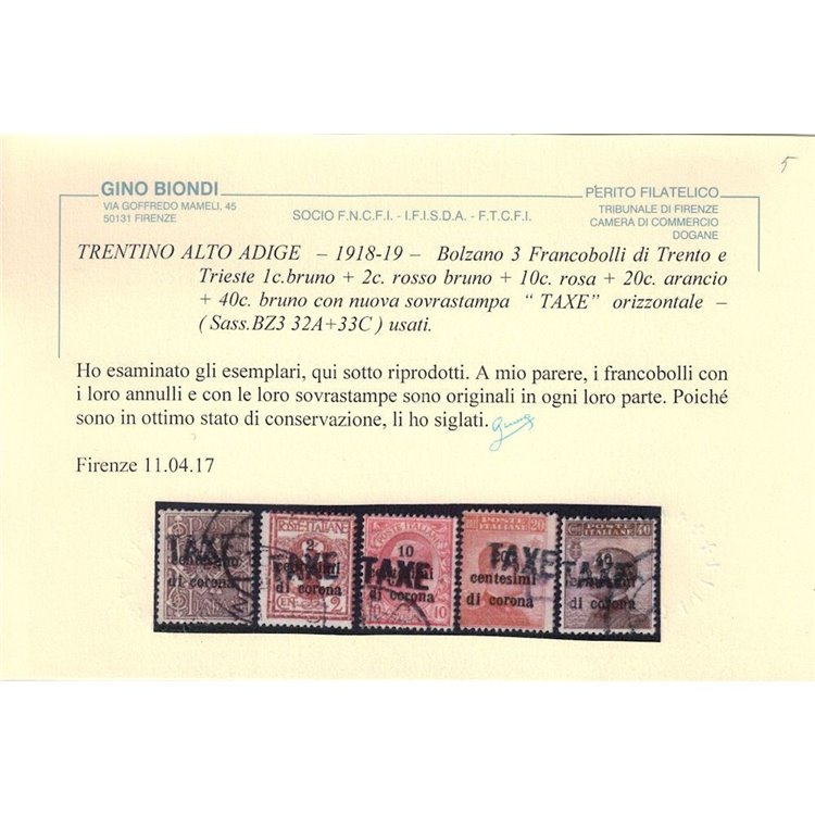 TRENTINO (BZ3) 1918-19 Trento e Trieste soprast. TAXE 5v us ©