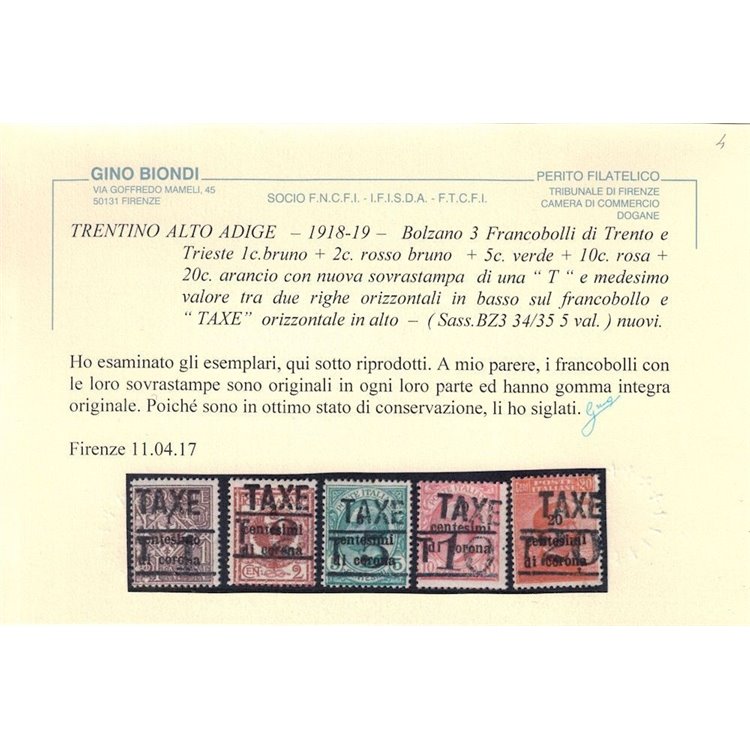 TRENTINO (BZ3) 1918-19 Trento e Trieste (TAXE + T con cifra) 5v MNH** ©