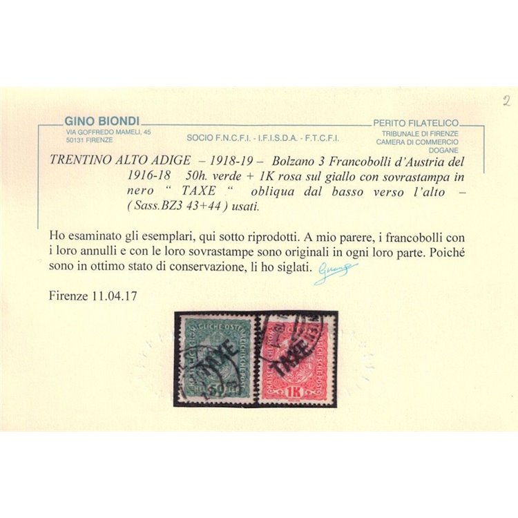 TRENTINO (BZ3) 1918-19 Francobolli di Austria (TAXE obliqua) 2v us ©