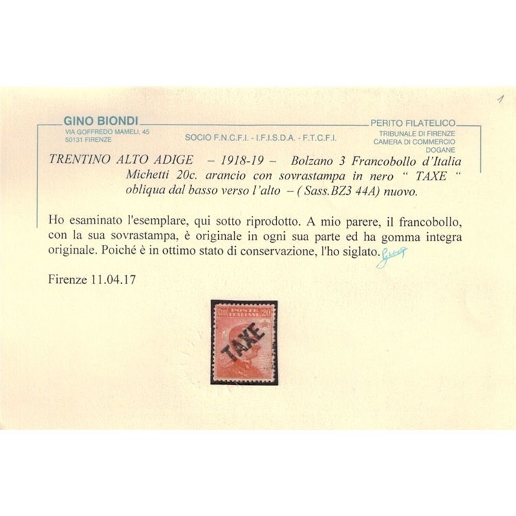 TRENTINO (BZ3) 1918-19 Michetti 20c arancio (TAXE obliqua) MNH** ©