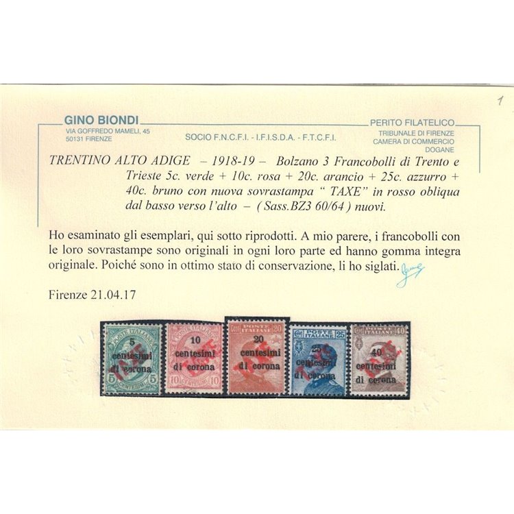 TRENTINO (BZ3) 1918-19 Trento e Trieste (TAXE obliqua in rosso) 5v MNH** ©