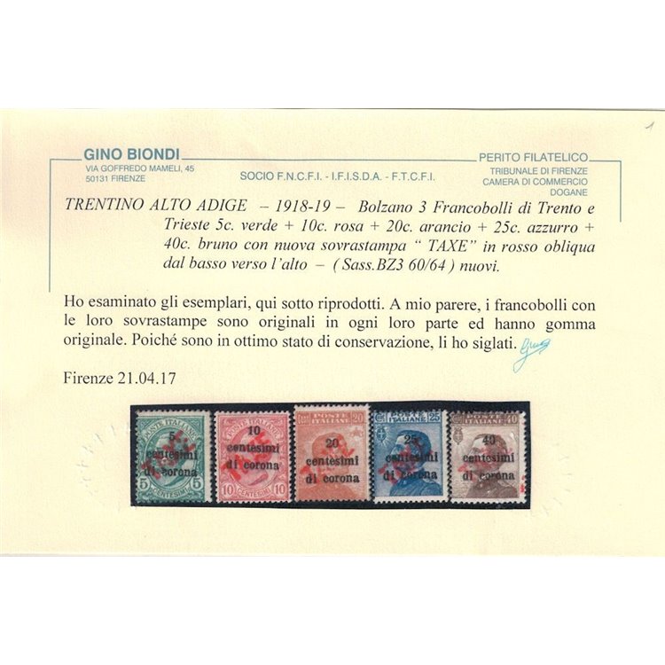 TRENTINO (BZ3) 1918-19 Trento e Trieste (TAXE obliqua in rosso) 5v MH* ©