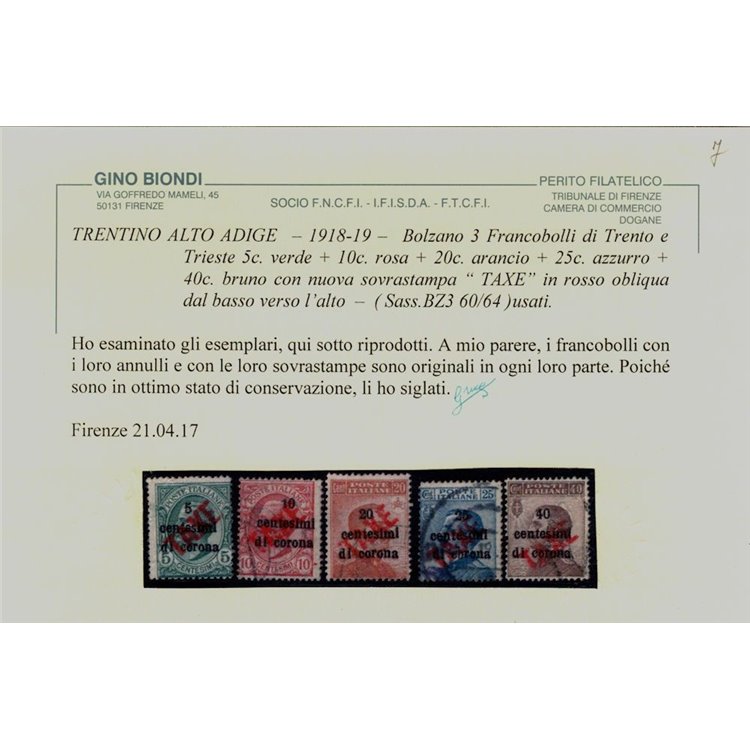 TRENTINO (BZ3) 1918-19 Trento e Trieste (TAXE obliqua in rosso) 5v us ©
