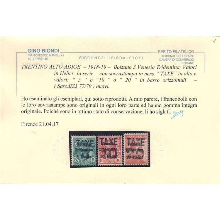 TRENTINO (BZ3) 1918-19 Venezia Tridentina (TAXE e cifre orizz.) 3v MNH** ©