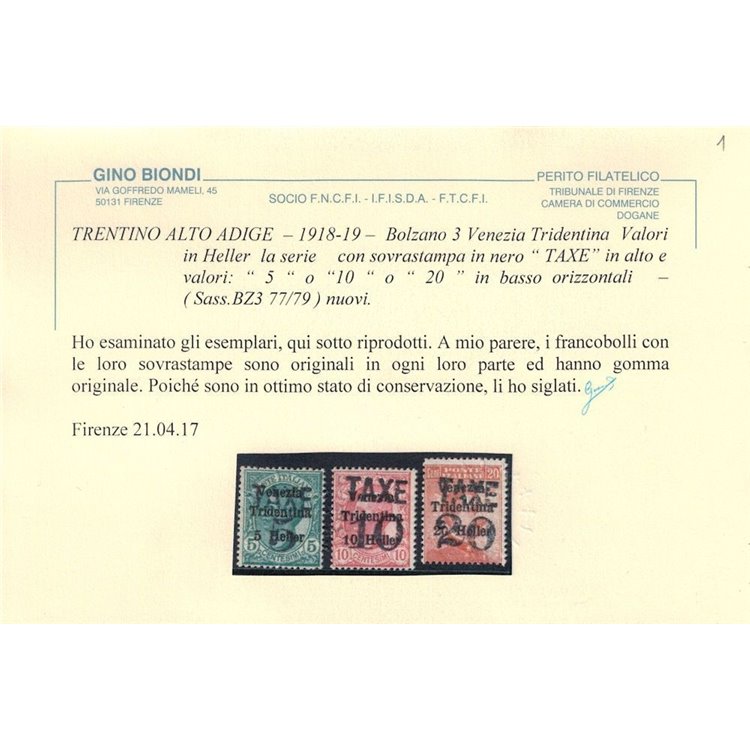 TRENTINO (BZ3) 1918-19 Venezia Tridentina (TAXE e cifre orizz.) 3v MH* ©