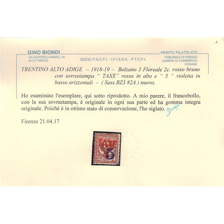 TRENTINO (BZ3) 1918-19 Floreale 2c (TAXE in rosso e cifra viol.) MNH** ©
