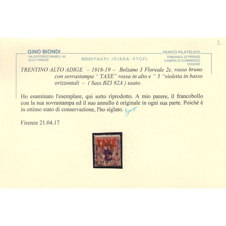 TRENTINO (BZ3) 1918-19 Floreale 2c (TAXE in rosso e cifra viol.) us ©