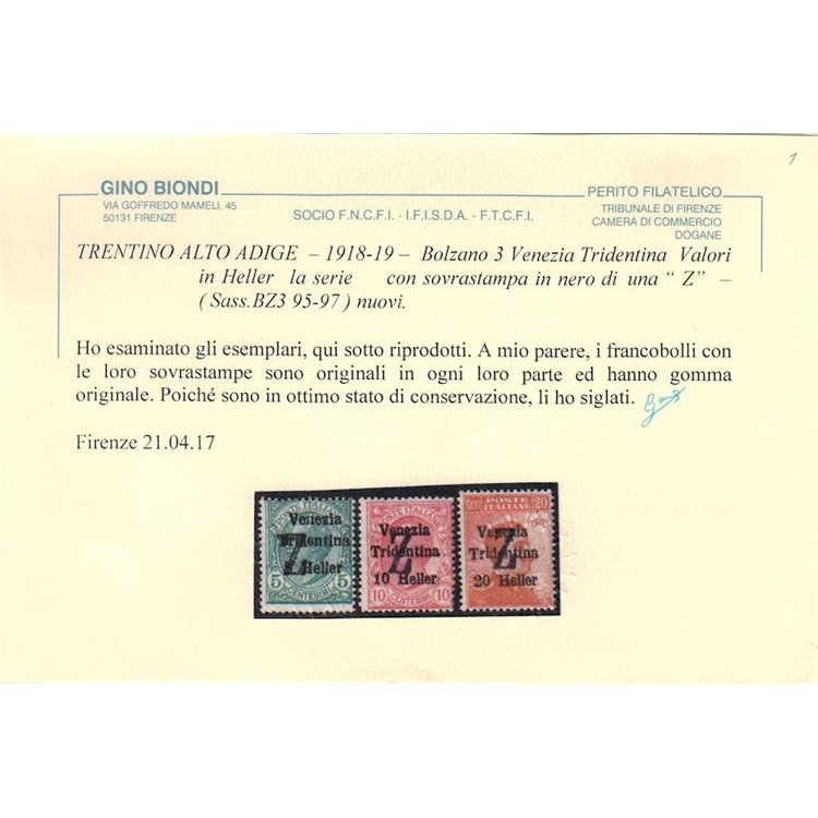 TRENTINO (BZ3) 1918-19 Venezia Tridentina (soprast. Z) 3v MH* ©