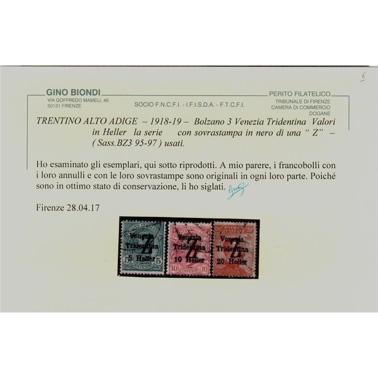 TRENTINO (BZ3) 1918-19 Venezia Tridentina (soprast. Z) 3v us ©