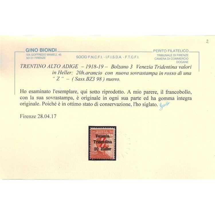 TRENTINO (BZ3) 1918-19 Venezia Tridentina (soprast. Z in rosso) MNH** ©