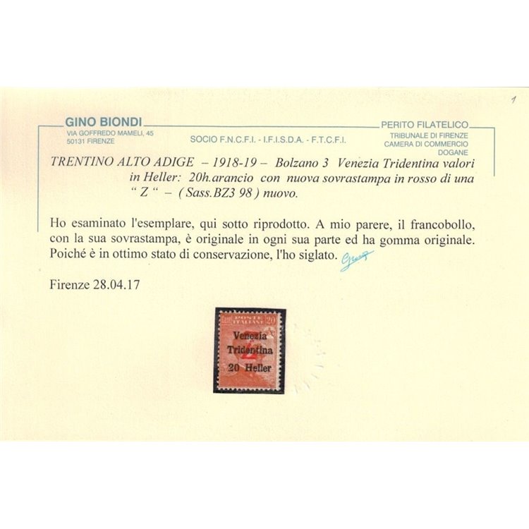 TRENTINO (BZ3) 1918-19 Venezia Tridentina (soprast. Z in rosso) MH* ©