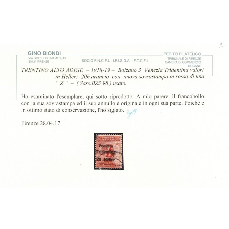 TRENTINO (BZ3) 1918-19 Venezia Tridentina (soprast. Z in rosso) us ©