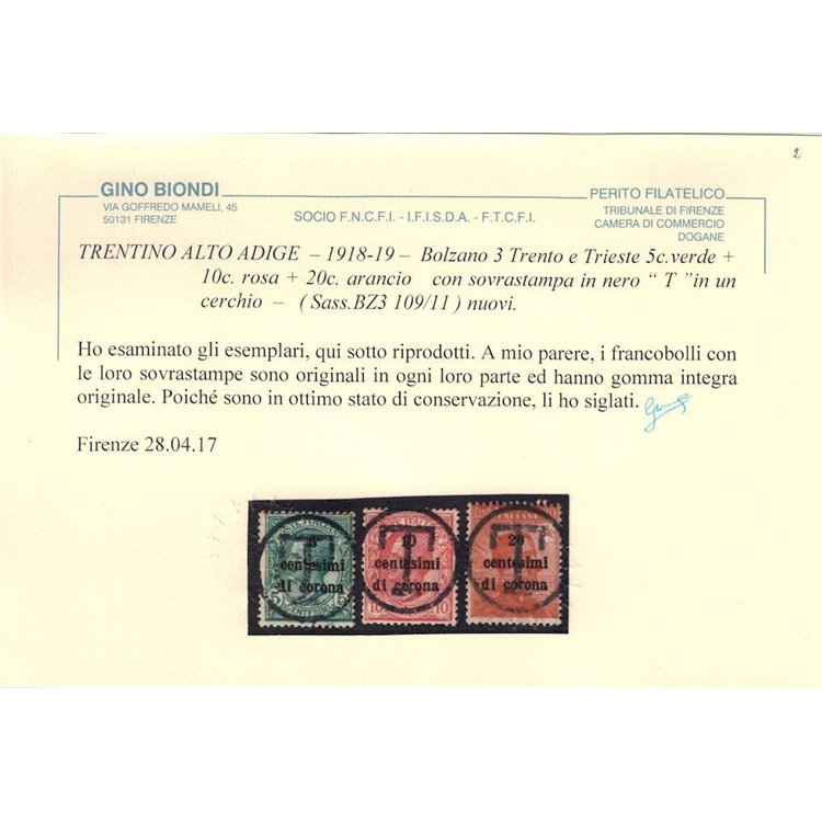 TRENTINO (BZ3) 1918-19 Trento e Trieste (soprast. T) 3v MNH** ©