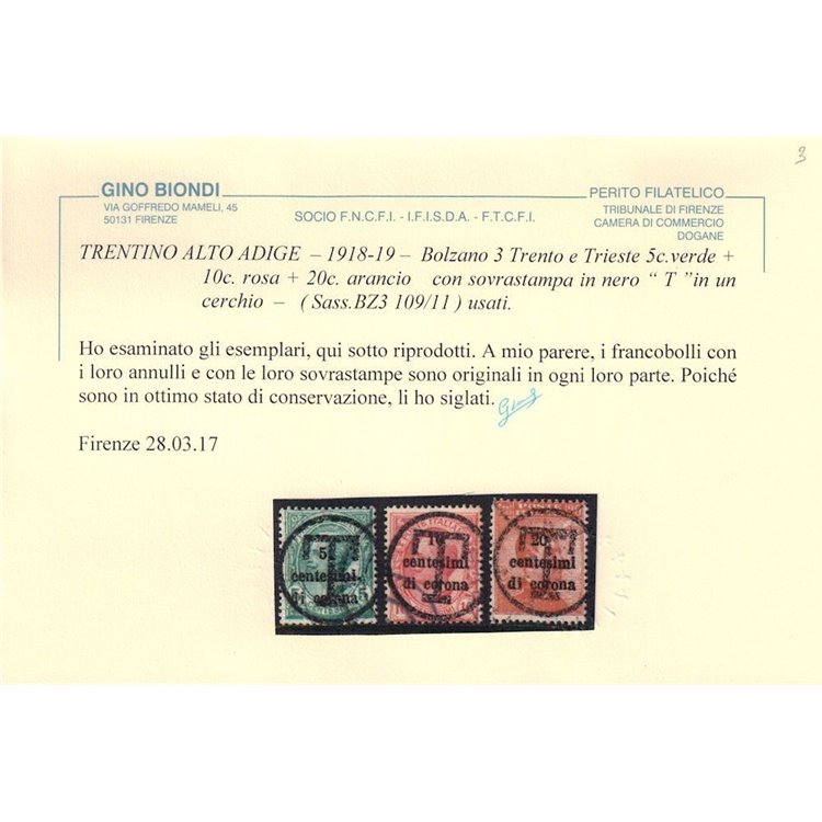 TRENTINO (BZ3) 1918-19 Trento e Trieste (soprast. T) 3v us ©