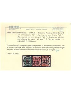 TRENTINO (BZ3) 1918-19 Trento e Trieste (soprast. T + cifra) 3v MNH** ©