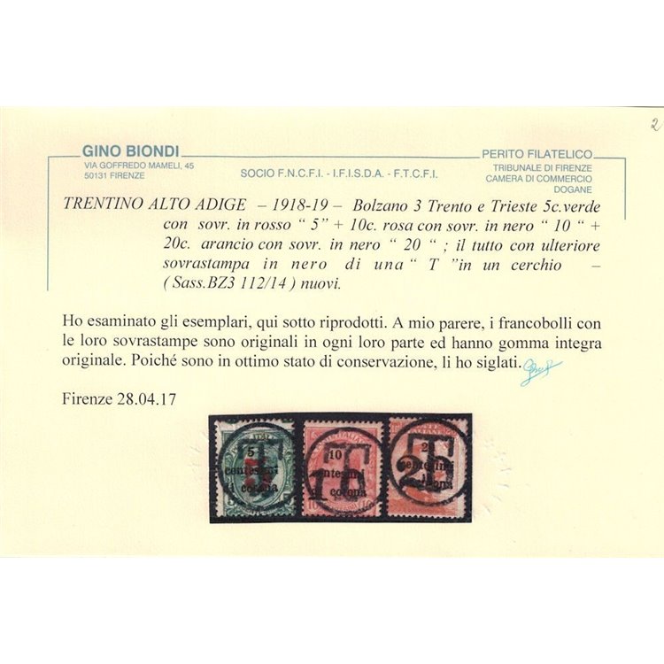 TRENTINO (BZ3) 1918-19 Trento e Trieste (soprast. T + cifra) 3v MNH** ©