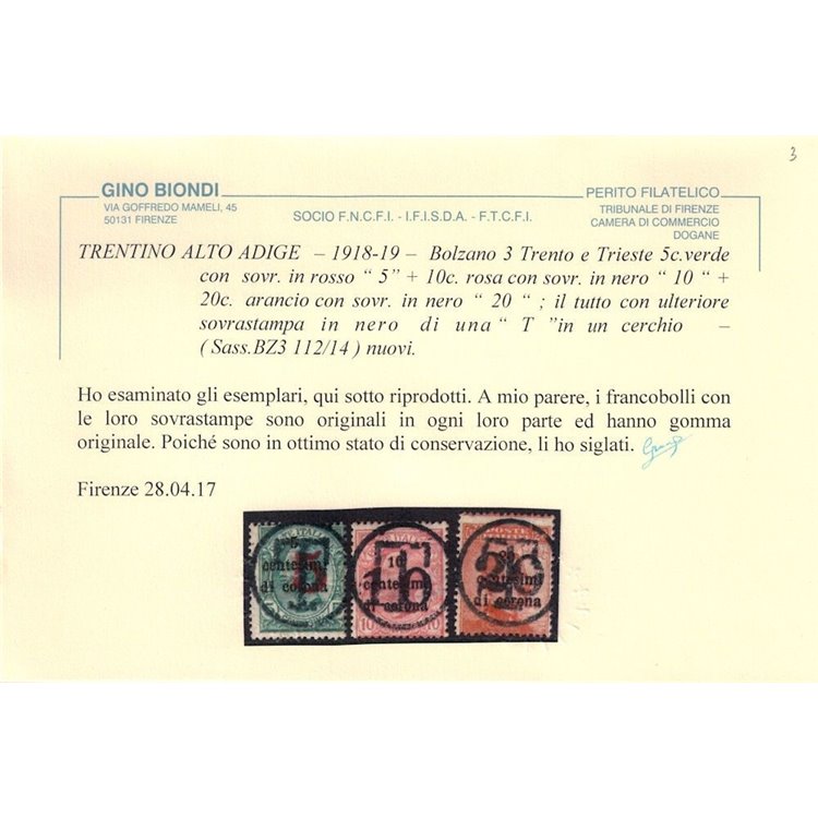 TRENTINO (BZ3) 1918-19 Trento e Trieste (soprast. T + cifra) 3v MH* ©