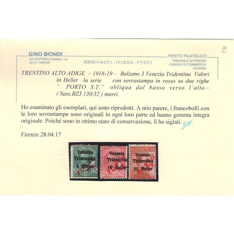 TRENTINO (BZ3) 1918-19 Venezia Tridentina (PORTO S.T.) 3v MNH** ©