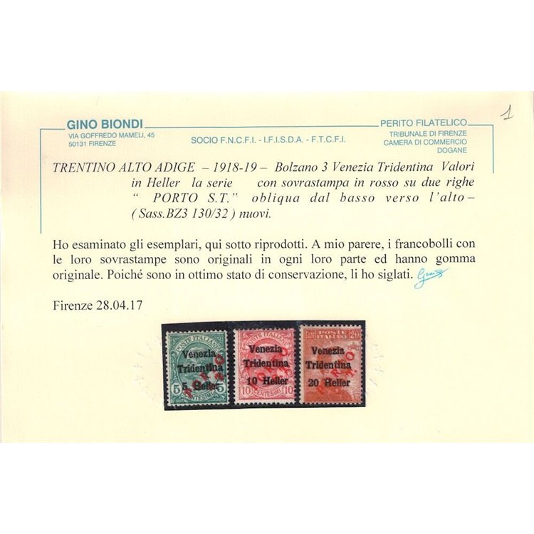 TRENTINO (BZ3) 1918-19 Venezia Tridentina (PORTO S.T.) 3v MH* ©