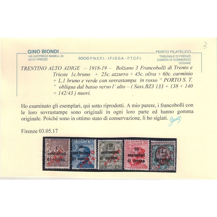 TRENTINO (BZ3) 1918-19 Trento e Trieste (PORTO S.T.) 11v MH* ©