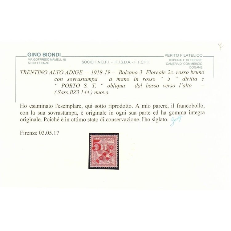 TRENTINO (BZ3) 1918-19 Floreale 2c (5 PORTO S.T. a mano) MNH** ©