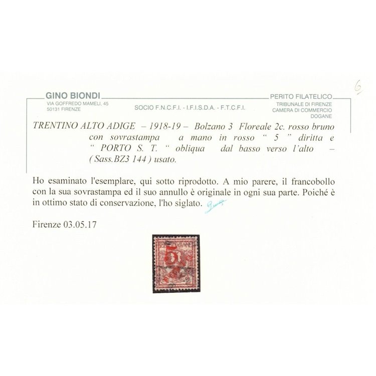 TRENTINO (BZ3) 1918-19 Floreale 2c (5 PORTO S.T. a mano) us ©