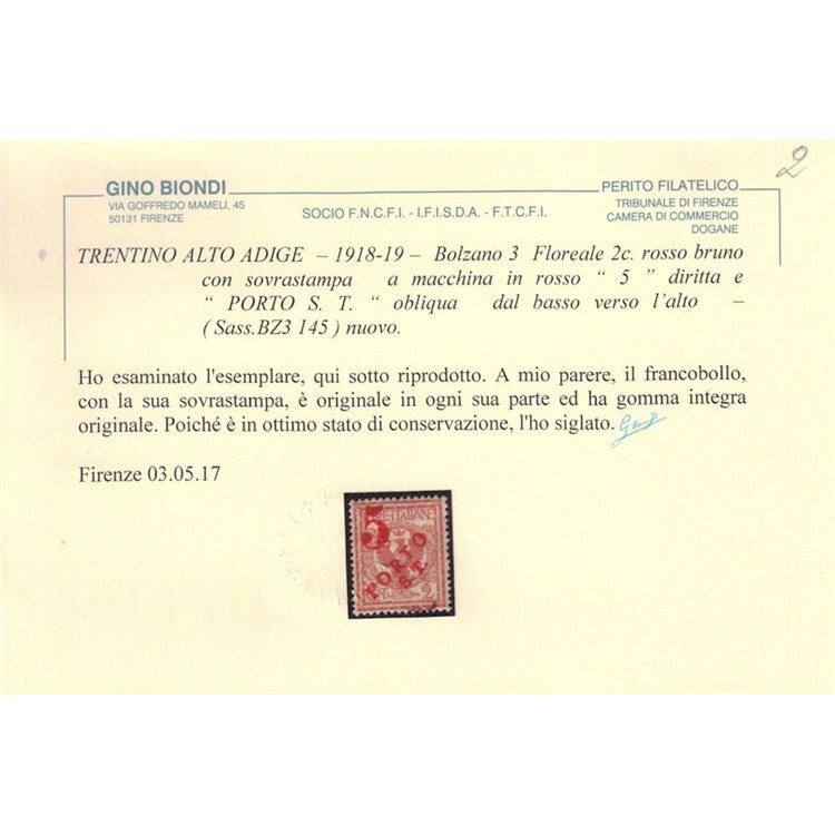 TRENTINO (BZ3) 1918-19 Floreale 2c (5 PORTO S.T. a macchina) MNH** ©