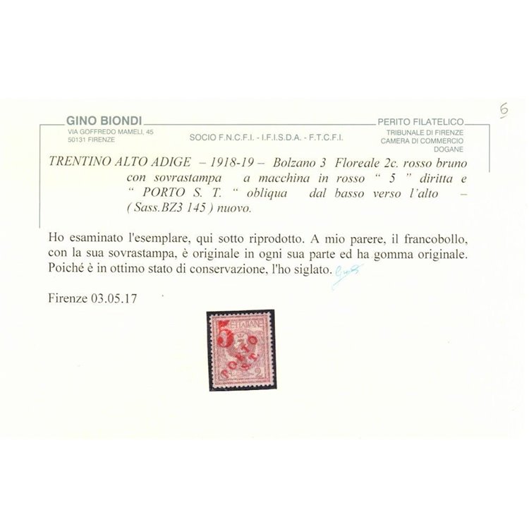 TRENTINO (BZ3) 1918-19 Floreale 2c (5 PORTO S.T. a macchina) MH* ©