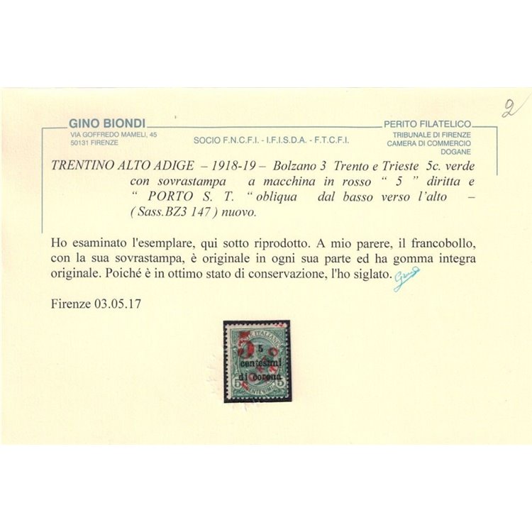 TRENTINO (BZ3) 1918-19 Trento e Trieste (5 PORTO S.T.) MNH** ©