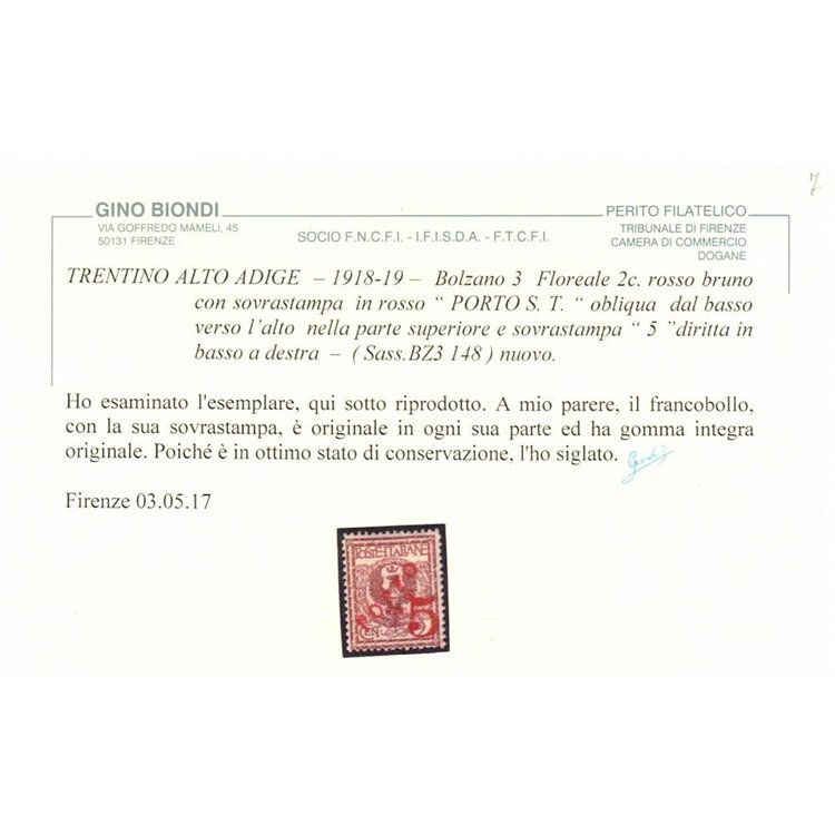 TRENTINO (BZ3) 1918-19 Floreale 2c (PORTO S.T. 5) MNH** ©