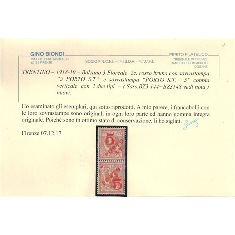 TRENTINO (BZ3) 1918-19 Floreale 2c (5 PORTO S.T. e S.T. PORTO 5) 2v MNH** ©