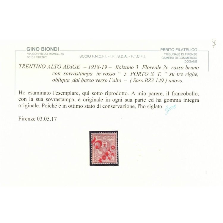TRENTINO (BZ3) 1918-19 Floreale 2c (5 PORTO S.T. su 3 righe) MNH** ©