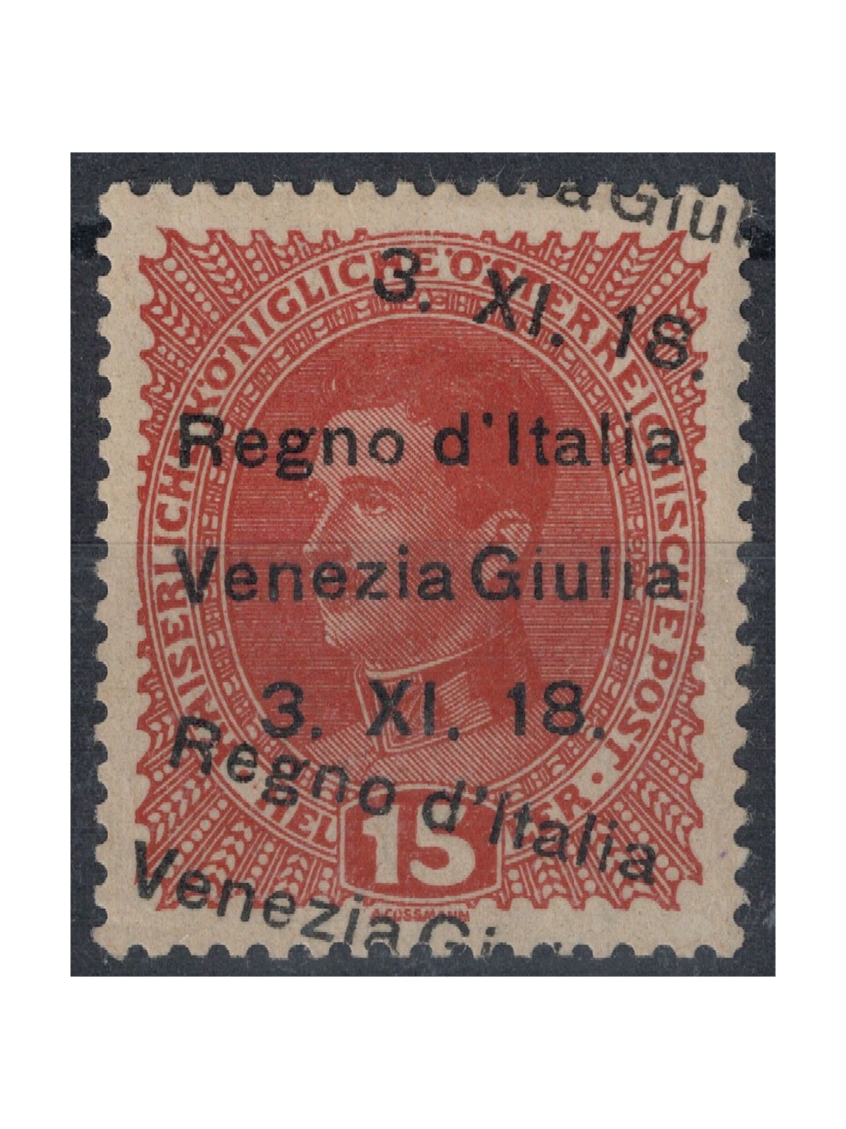 VENEZIA GIULIA 1918 Varietà 15h bruno rosso (doppia soprast.) MH* ©