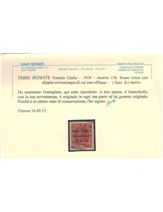VENEZIA GIULIA 1918 Varietà 15h bruno rosso (doppia soprast.) MH* ©