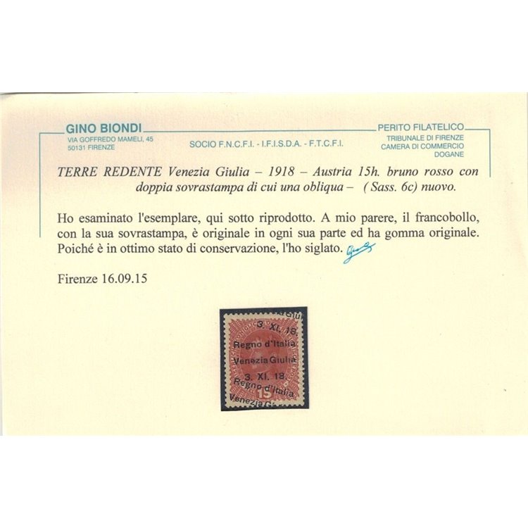 VENEZIA GIULIA 1918 Varietà 15h bruno rosso (doppia soprast.) MH* ©