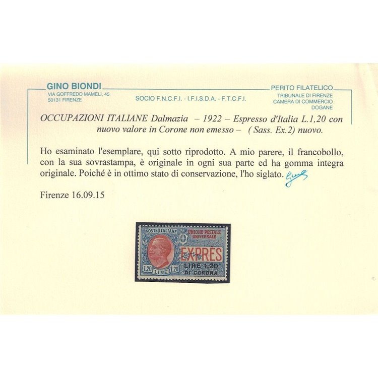 DALMAZIA 1922 Espresso (non emesso) MNH** ©