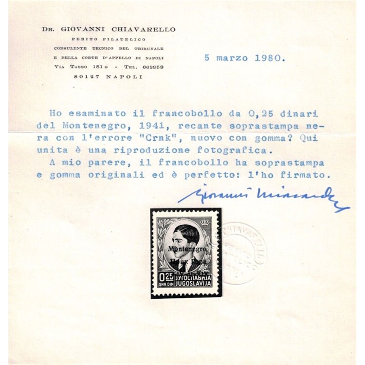 MONTENEGRO 1941 Varietà 25p nero (Црнк) MH* ©