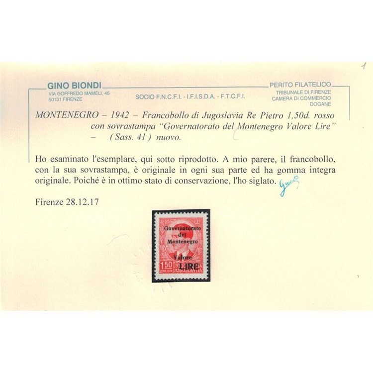 MONTENEGRO 1941 Governatorato 1,50d rosso MNH** ©