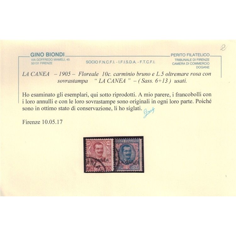 LEVANTE LA CANEA 1905 Floreale 10c carminio + 5 ₤ oltremare 2v us ©